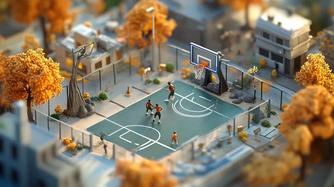 Bunte Miniaturszenerie eines Basketballplatzes