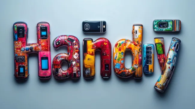 Bunte Mobiltelefone als Worte 'Handy' zusammengesetzt