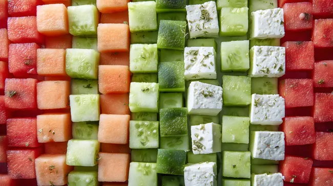 Bunte Mosaik-Gemüseschale mit Feta-Würfeln