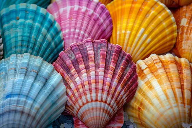 Bunte Muschel-Sammlung in leuchtenden Farben