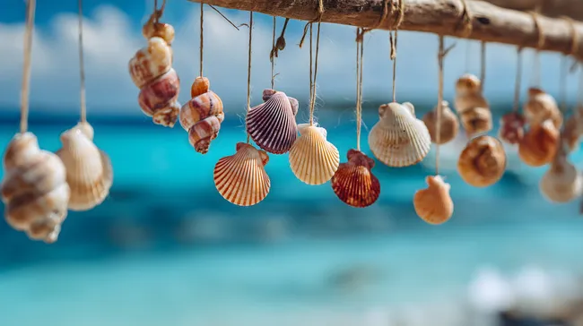 Bunte Muschel-Windspiele vor türkisblauem Meer