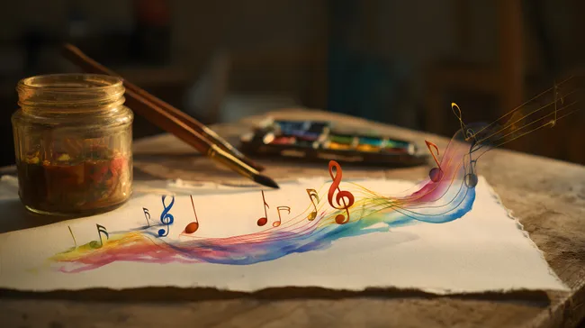 Bunte Musiknoten und Aquarellmalerei auf Papier