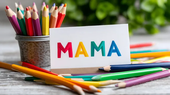 Bunte Muttertagskarte mit Malstiften auf Holztisch