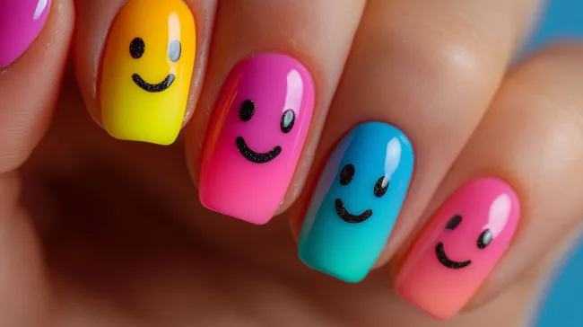 Bunte Nagelkunst mit lächelnden Emojis