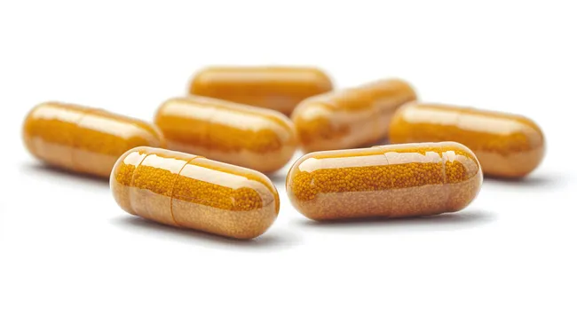 Bunte Nahrungsergänzungskapseln auf weißem Hintergrund