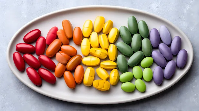 Bunte Nahrungsergänzungsmittel auf weißem Teller