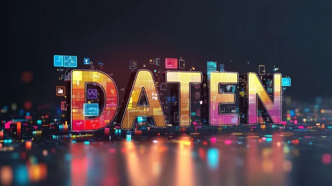 Bunte Neon-Typografie 'Daten' mit technischen Symbolen