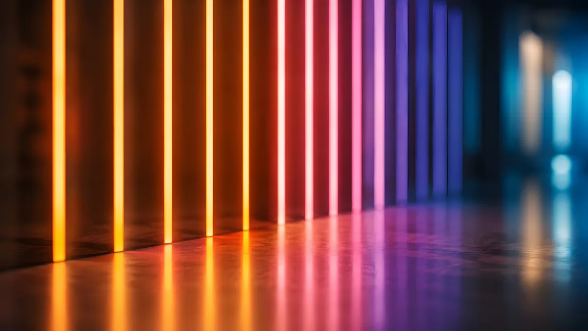 Bunte Neonlichter in Reihe auf glänzendem Boden