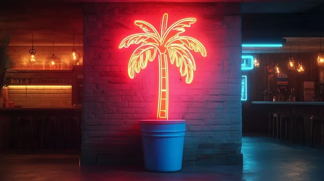 Bunte Neonpalme in moderner Bar mit Beleuchtung