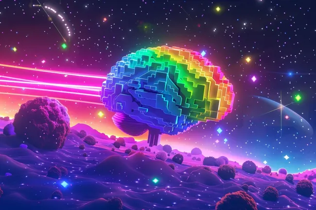 Bunte Neuronenkugel in kosmischer Landschaft