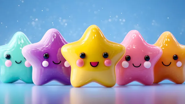 Bunte, niedliche Sterne mit Gesichtern auf blauem Hintergrund