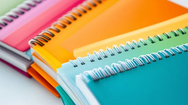 Bunte Notizbücher und Schreibutensilien für kreatives Arbeiten