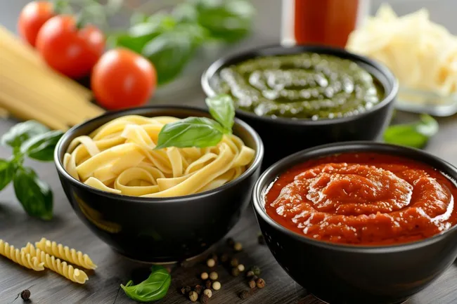 Bunte Nudel-Teller mit Tomatensauce und Pesto