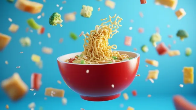 Bunte Nudeln in exotischer Schüssel mit Gemüse