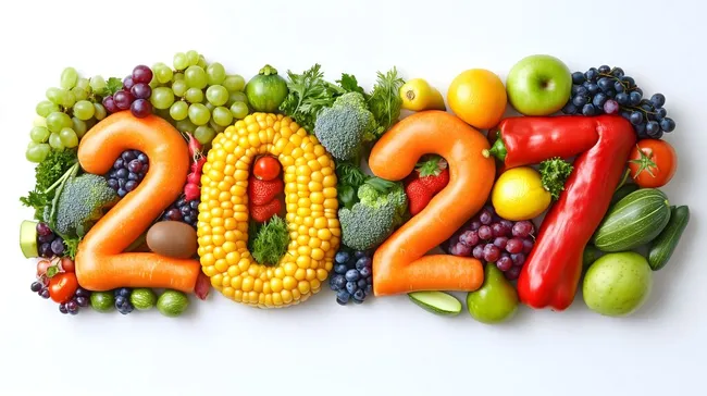 Bunte Obst- und Gemüseanordnung für das Jahr 2027