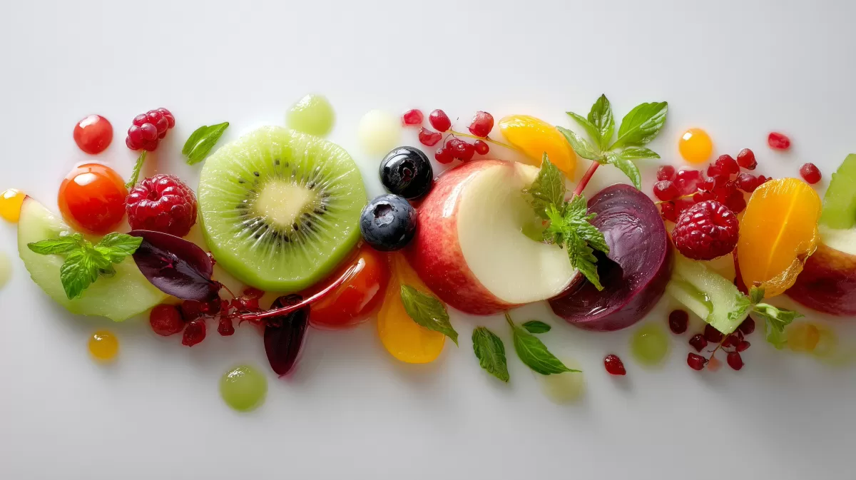 Bunte Obstkomposition mit frischen Früchten auf Weiß