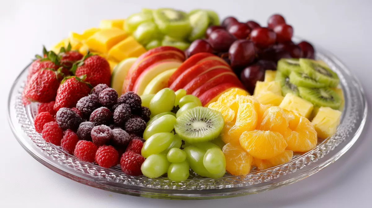 Bunte Obstplatte auf rundem Tablett angerichtet