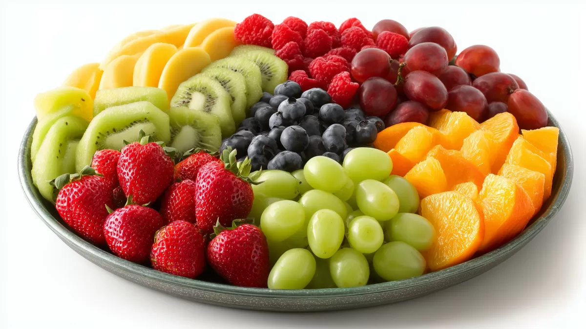 Bunte Obstplatte auf rundem Tablett freigestellt