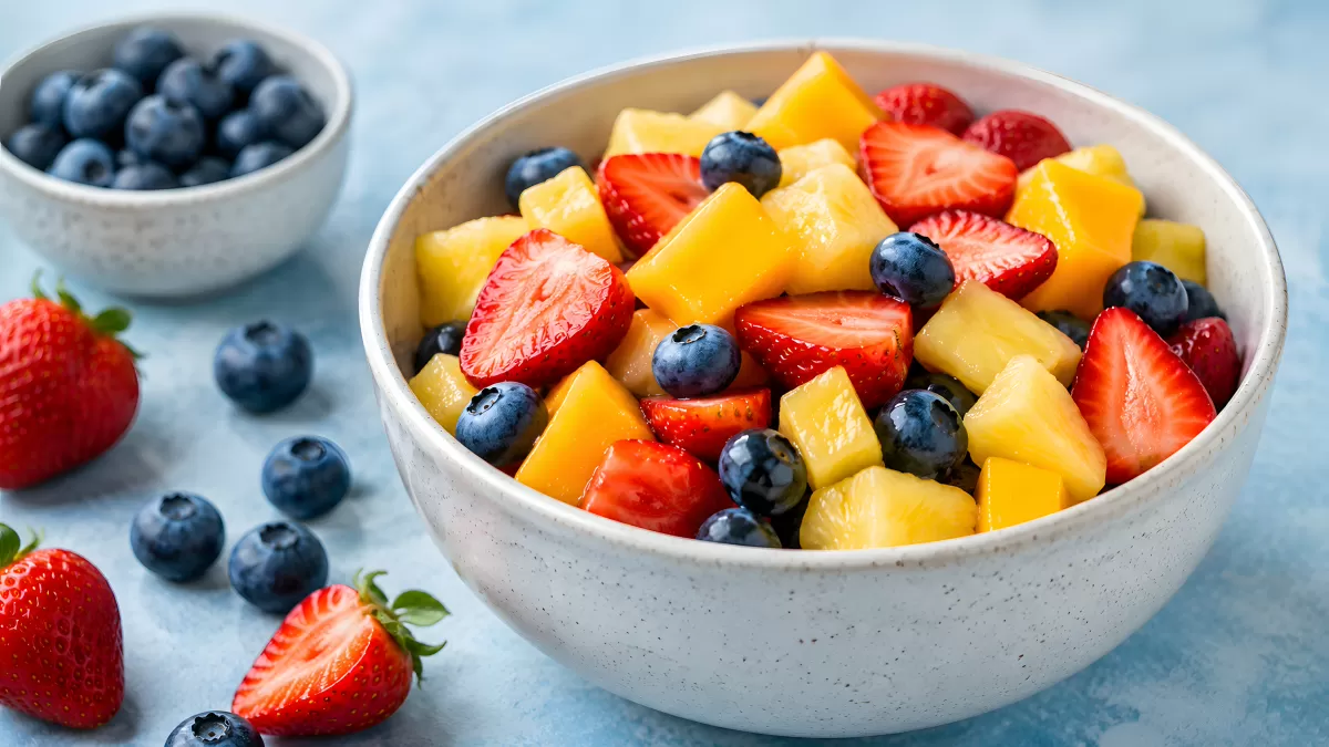 Bunte Obstsalat-Schüssel mit Beeren und Mango