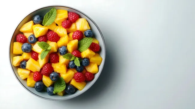 Bunte Obstschale mit Ananas, Beeren und Minze