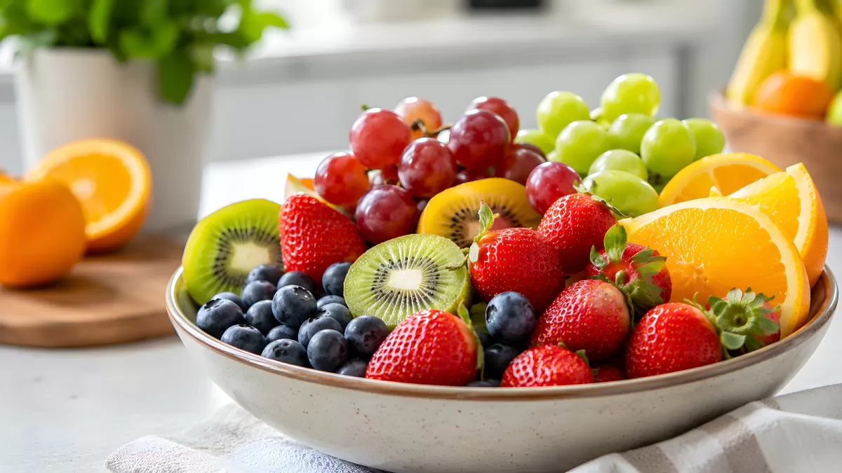 Bunte Obstschale mit Beeren, Kiwi und Orangen