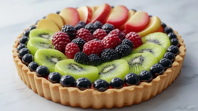 Bunte Obsttarte mit frischen Früchten und knusprigem Boden