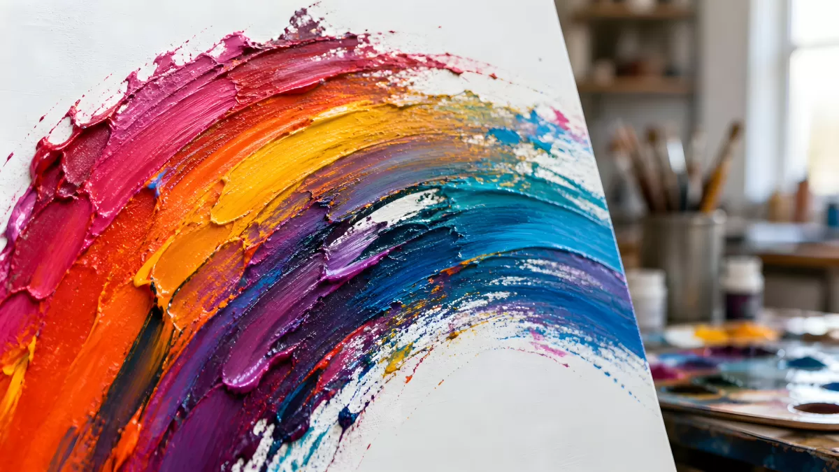 Bunte Ölgemälde-Streifen auf Leinwand im Atelier