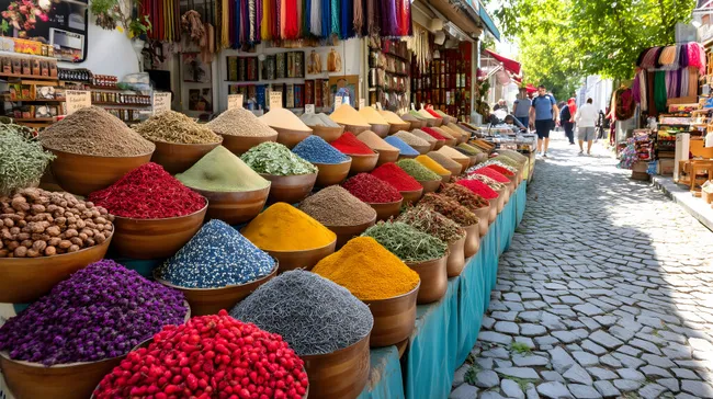 Bunte orientalische Gewürzauslage auf Istanbuler Markt