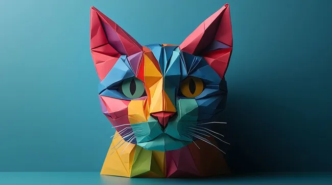 Bunte Origami-Katze mit ausdrucksvollen Augen