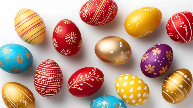 Bunte Oster-Dekorationen auf weißem Hintergrund