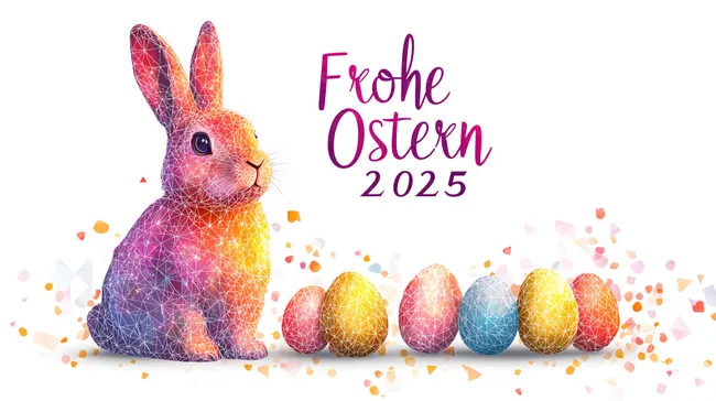 Bunte Oster-Illustration mit Kaninchen und Eiern