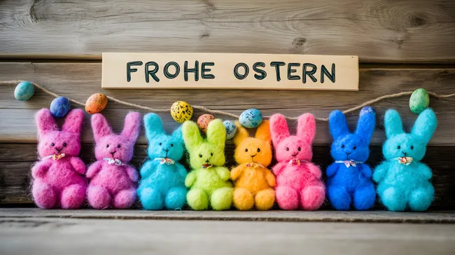 Bunte Oster-Plüschhäschen mit Dekoeiern auf Holzuntergrund