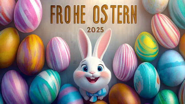 Bunte Osterdekoration mit Osterhasen und Eiern