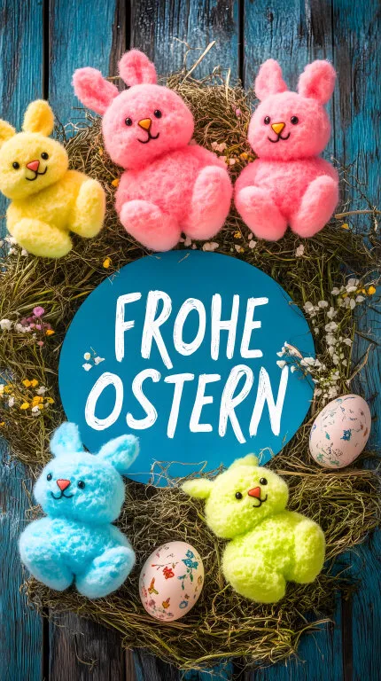 Bunte Osterdekoration mit Plüschhäschen und Eiern