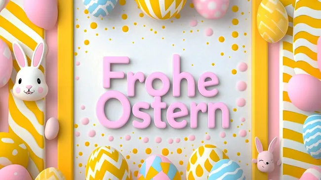 Bunte Osterdekoration mit Schriftzug 'Frohe Ostern'