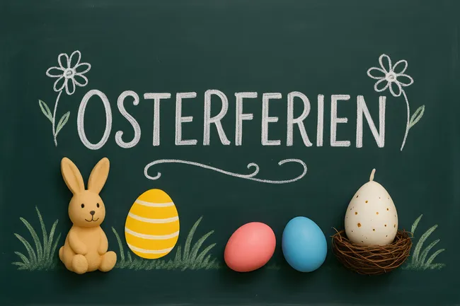 Bunte Osterdekorationen auf grüner Tafel