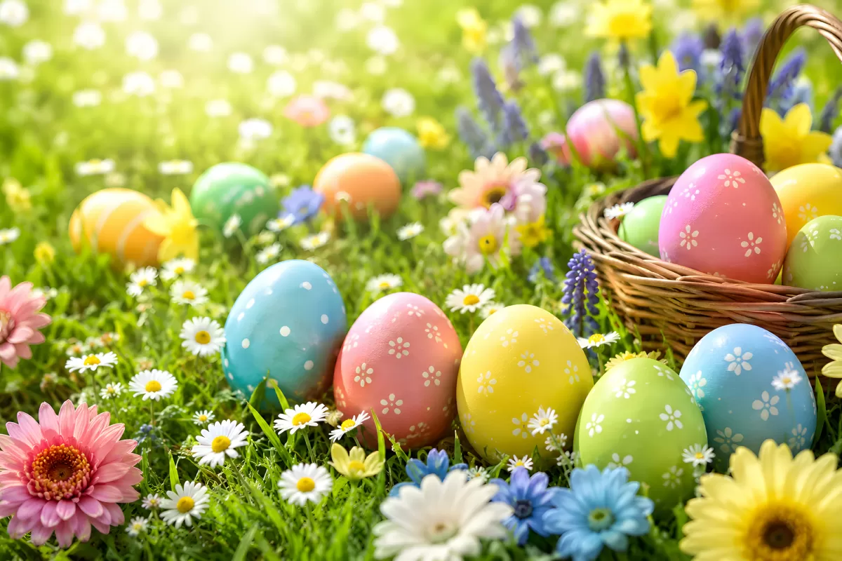 Bunte Ostereier auf Frühlingswiese mit Blumenkorb