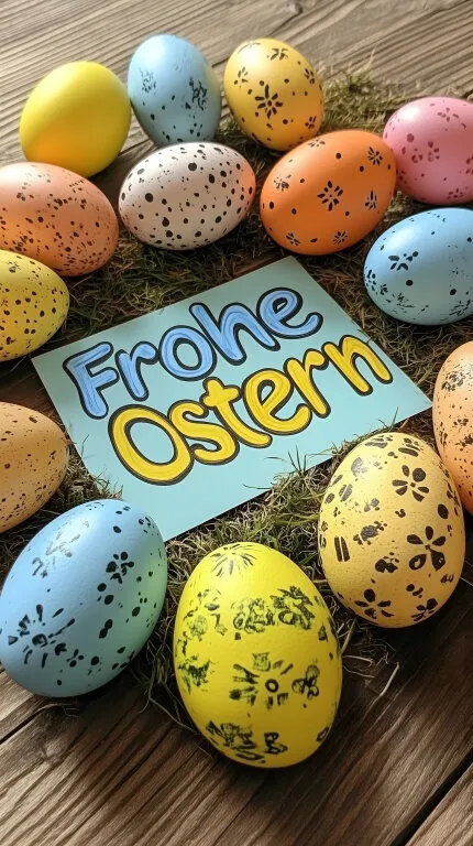 Bunte Ostereier auf Gras mit Grußkarte