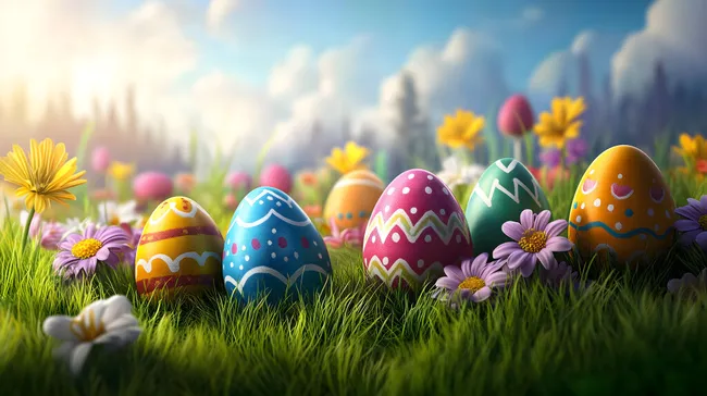 Bunte Ostereier auf grüner Frühlingswiese