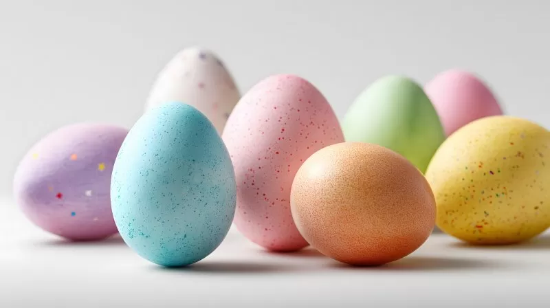 Bunte Ostereier auf weißem Hintergrund mit Fokus auf blauen Eiern