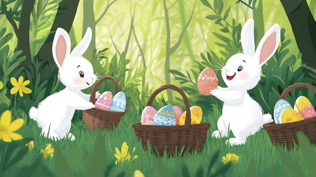 Bunte Ostereier im Frühlingsgarten mit niedlichen Hasen