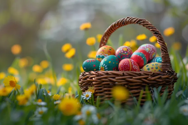 Bunte Ostereier im Frühlingskorb
