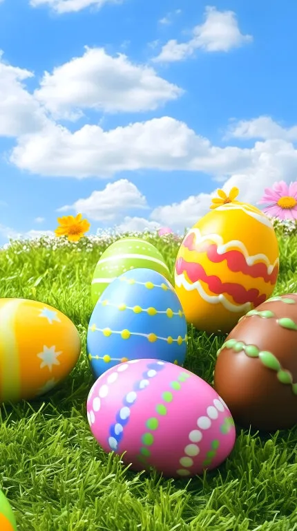 Bunte Ostereier im Gras vor Frühlingslandschaft