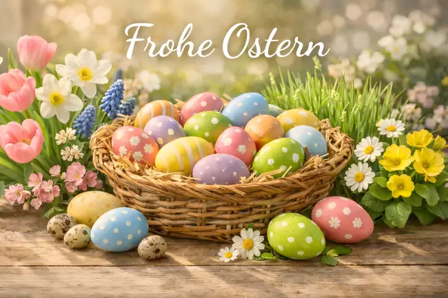 Bunte Ostereier im Korb: Frohe Ostern und Frühlingsgrüße
