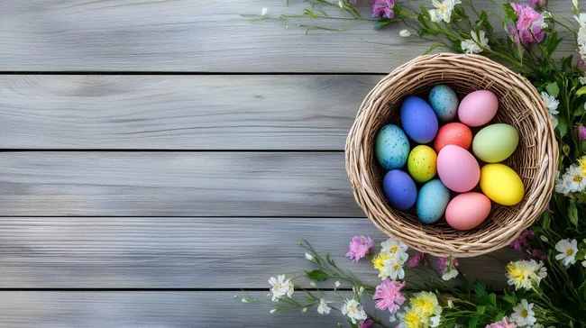 Bunte Ostereier im Nest mit Frühlingsblumen