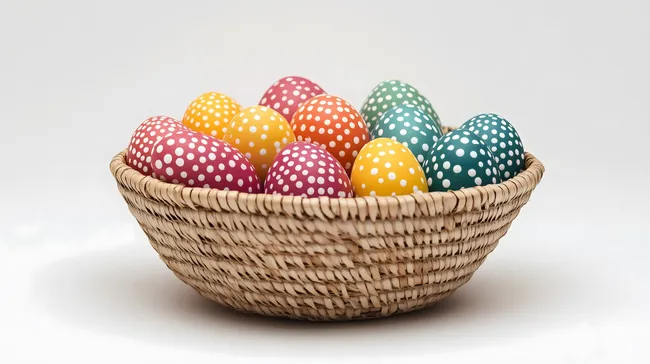 Bunte Ostereier im rustikalen Korbgeflecht