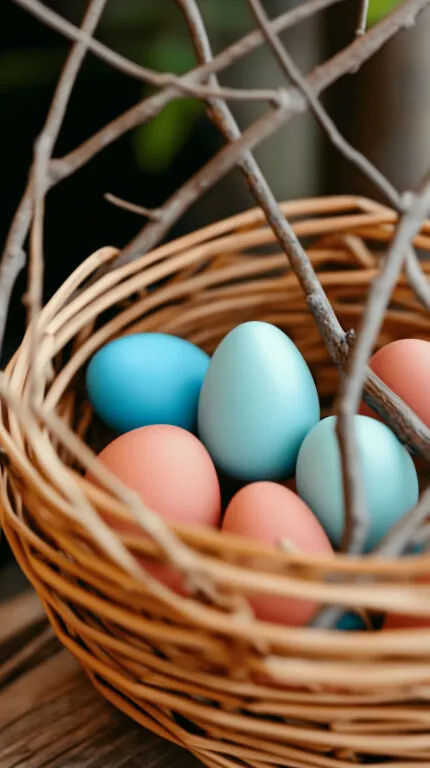 Bunte Ostereier im rustikalen Weidenkorb