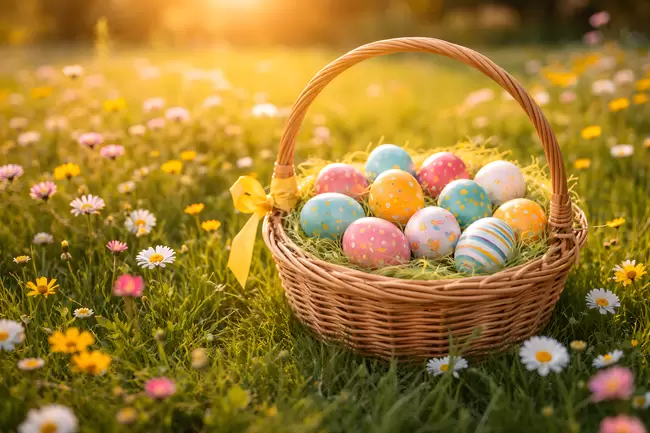 Bunte Ostereier im Sonnenuntergang