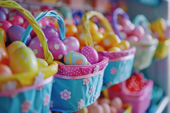 Bunte Ostereier in dekorativen Körben
