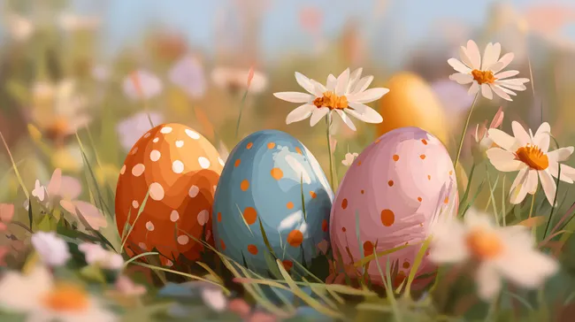 Bunte Ostereier in frühlingshafter Blumenwiese